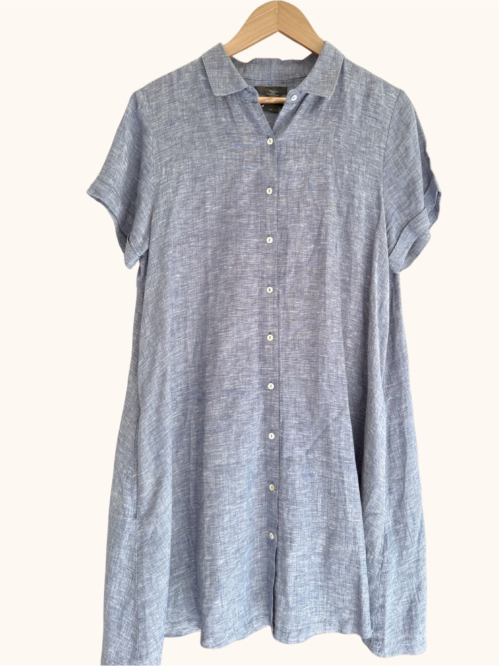 Tahari 100% Linen Blue Button Front Shirt Dress Size L